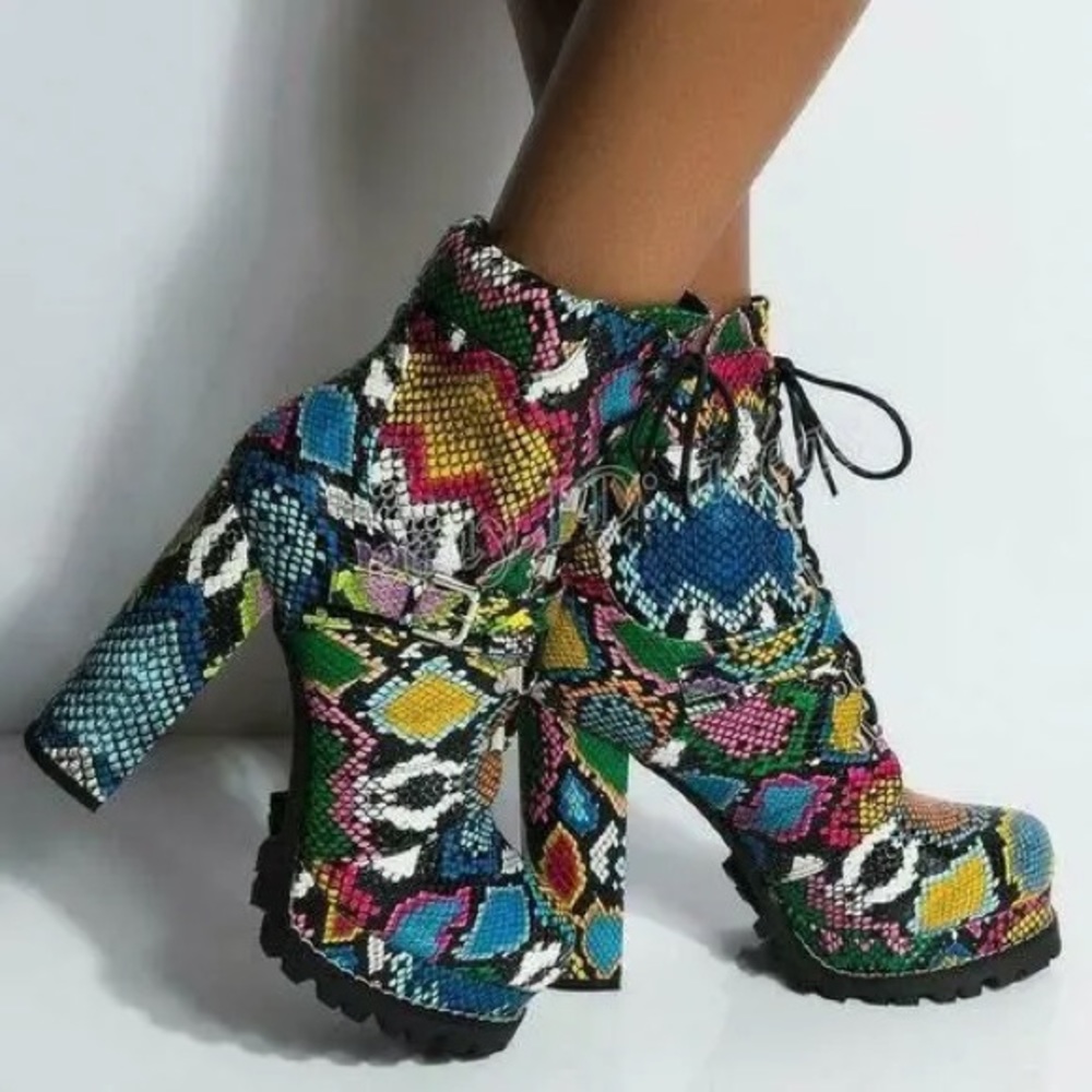 Liliana Multicolor Snakeskin Combat Boots